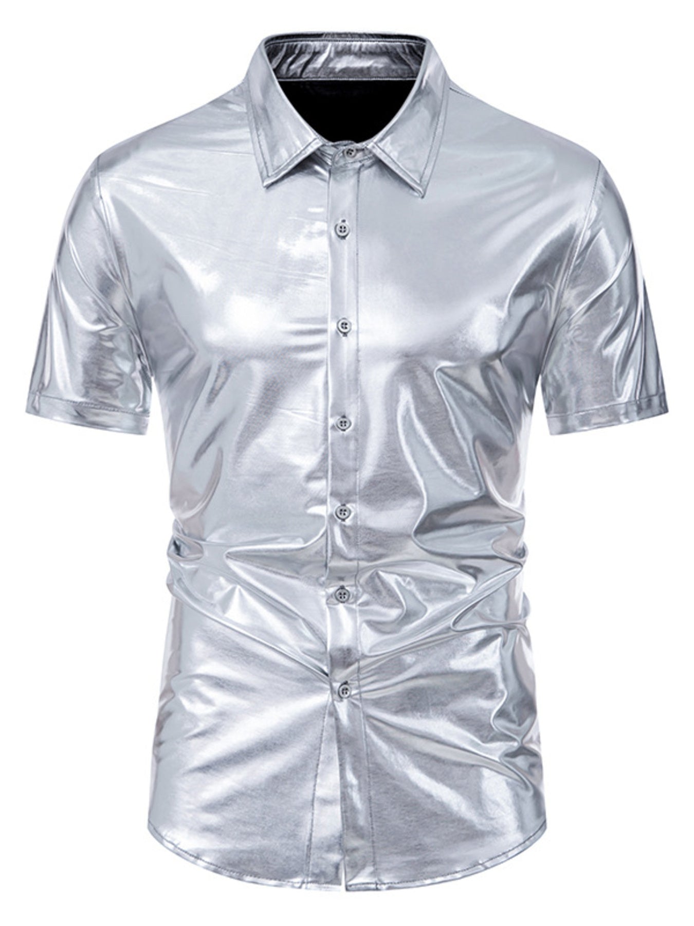 Men's silver metallic finish short sleeve button-up shirt