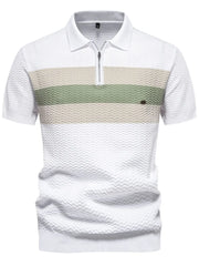 White short sleeve polo with chevron texture and horizontal stripe detail.