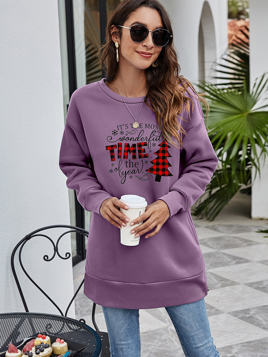 Dusty Purple tunic sweatshirt with holiday graphic and buffalo plaid tree detail.