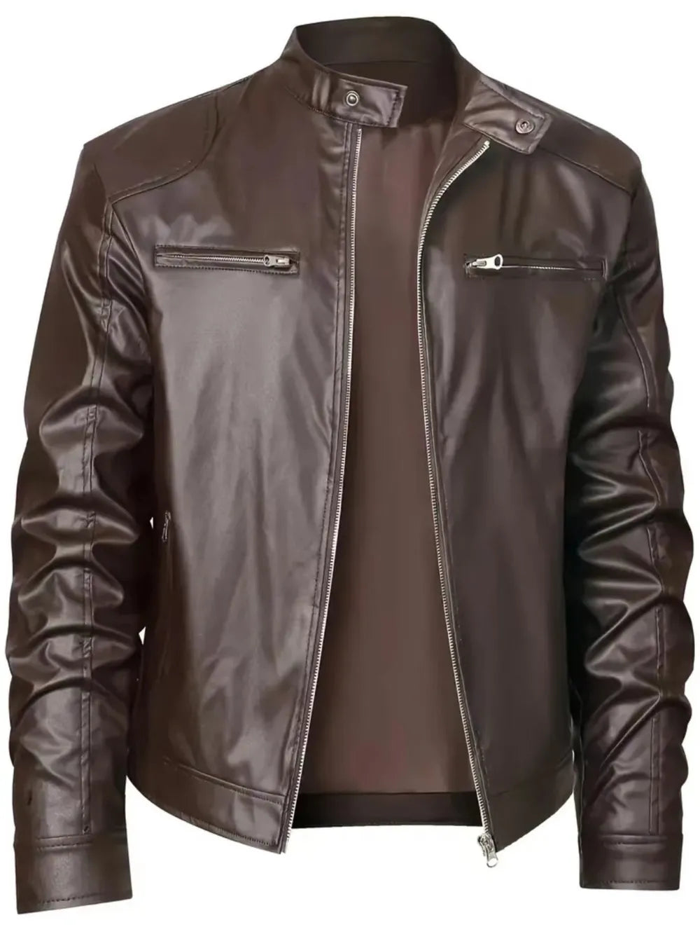 Brown PU zip-up jacket with stand-up collar and zippered chest pockets.