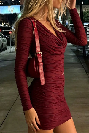 Ruched Cutout Cowl Neck Mini Dress, close-up detail