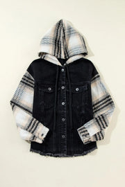 Black denim trucker jacket with plaid sleeves and hood, frayed hem
