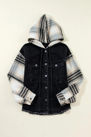 Black denim trucker jacket with plaid sleeves and hood, frayed hem