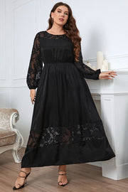 Black maxi dress with sheer embroidered long sleeves and hem, A-line cut