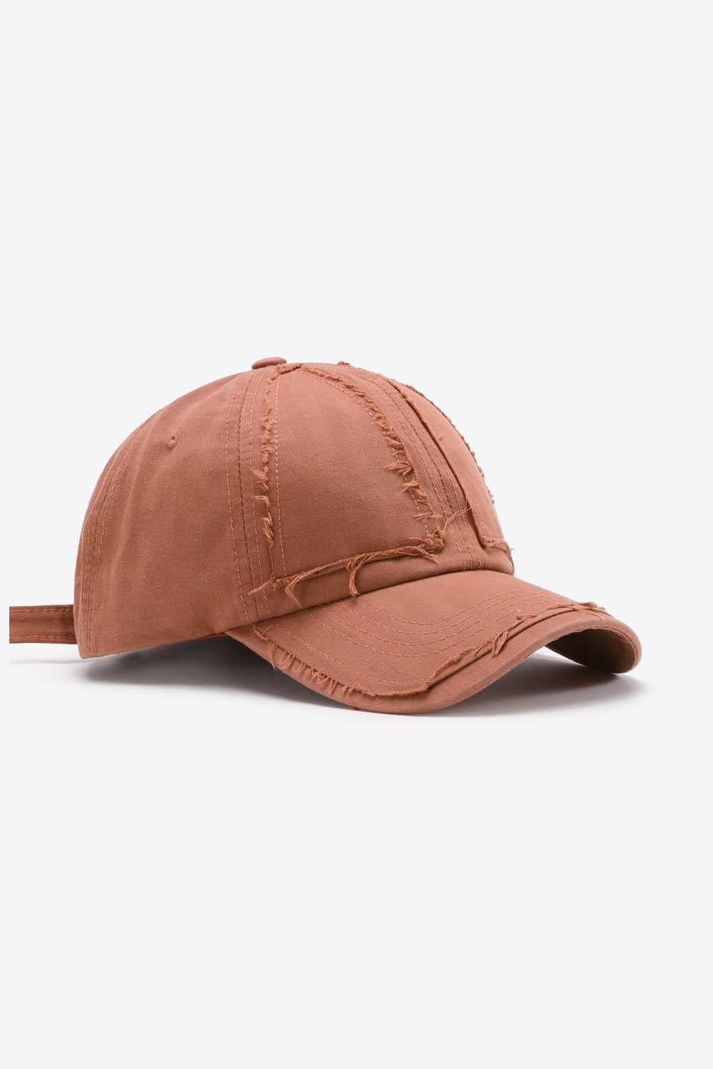 Burnt Coral raw edge denim baseball cap with adjustable strap
