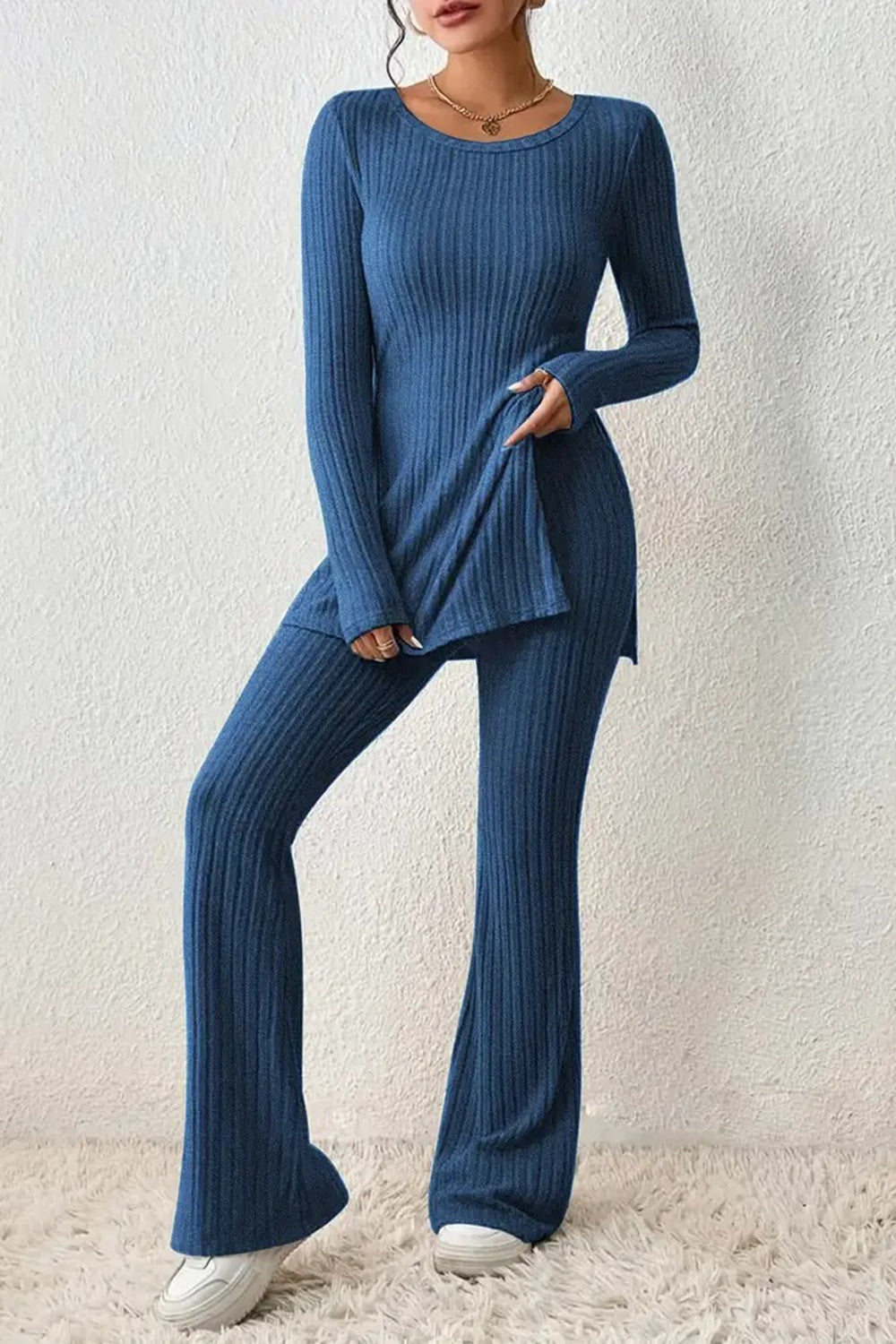 Royal blue ribbed knit co-ord set with side slit tunic and flared pants
