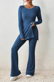Royal blue ribbed knit co-ord set with side slit tunic and flared pants