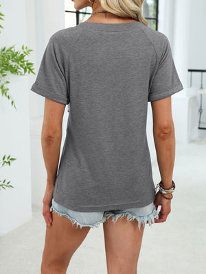 Dark Gray Ruched V-neck Short Sleeve T-shirt with cuffed sleeves