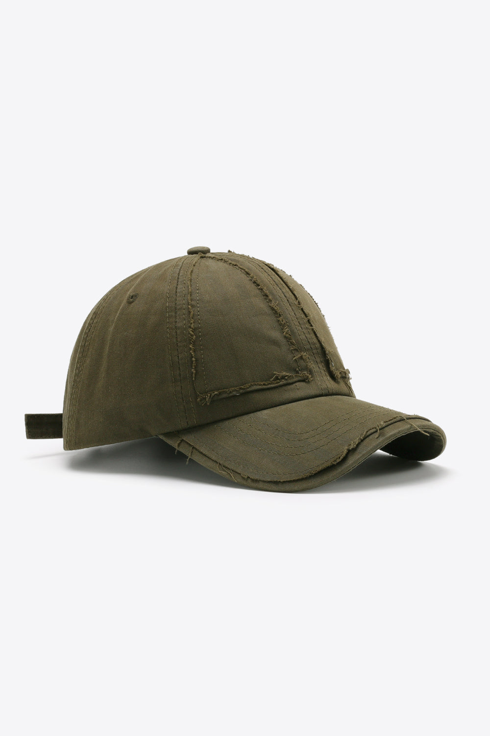 Army green denim baseball cap with raw edge details and adjustable strap