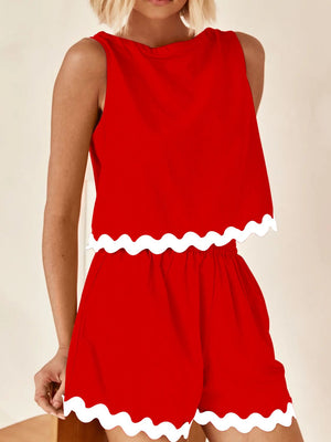 Scalloped edge tank and shorts set in scarlet red with white trim.