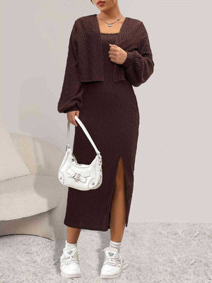 Brown textured midi dress and cropped cardigan set with balloon sleeves and a thigh slit.