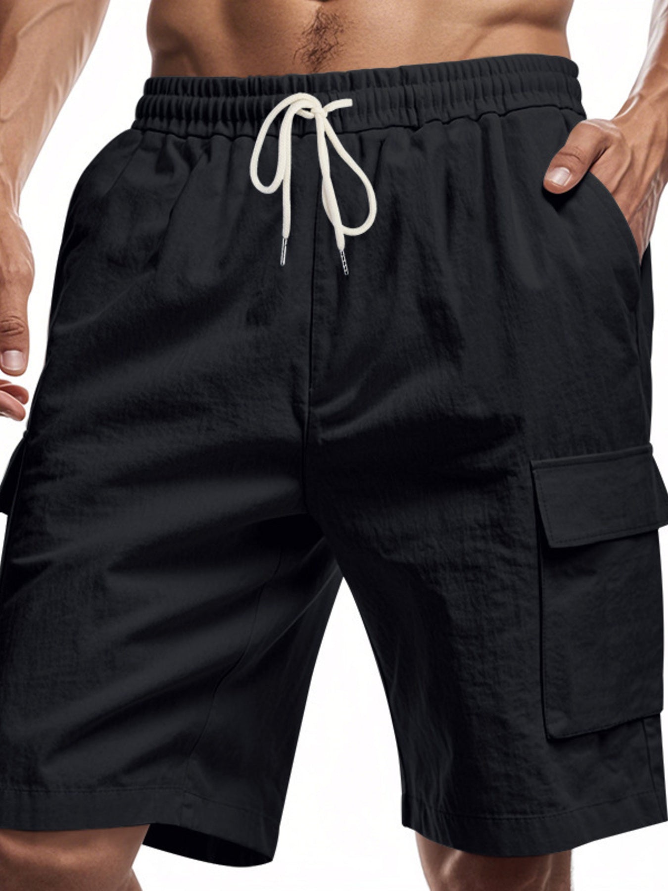 Men's black cargo shorts with elastic waistband and drawstring, featuring side pockets and cargo pockets.