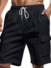 Men's black cargo shorts with elastic waistband and drawstring, featuring side pockets and cargo pockets.