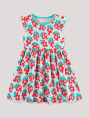 Baby dress with strawberry print, ruffle sleeves, and round neckline.