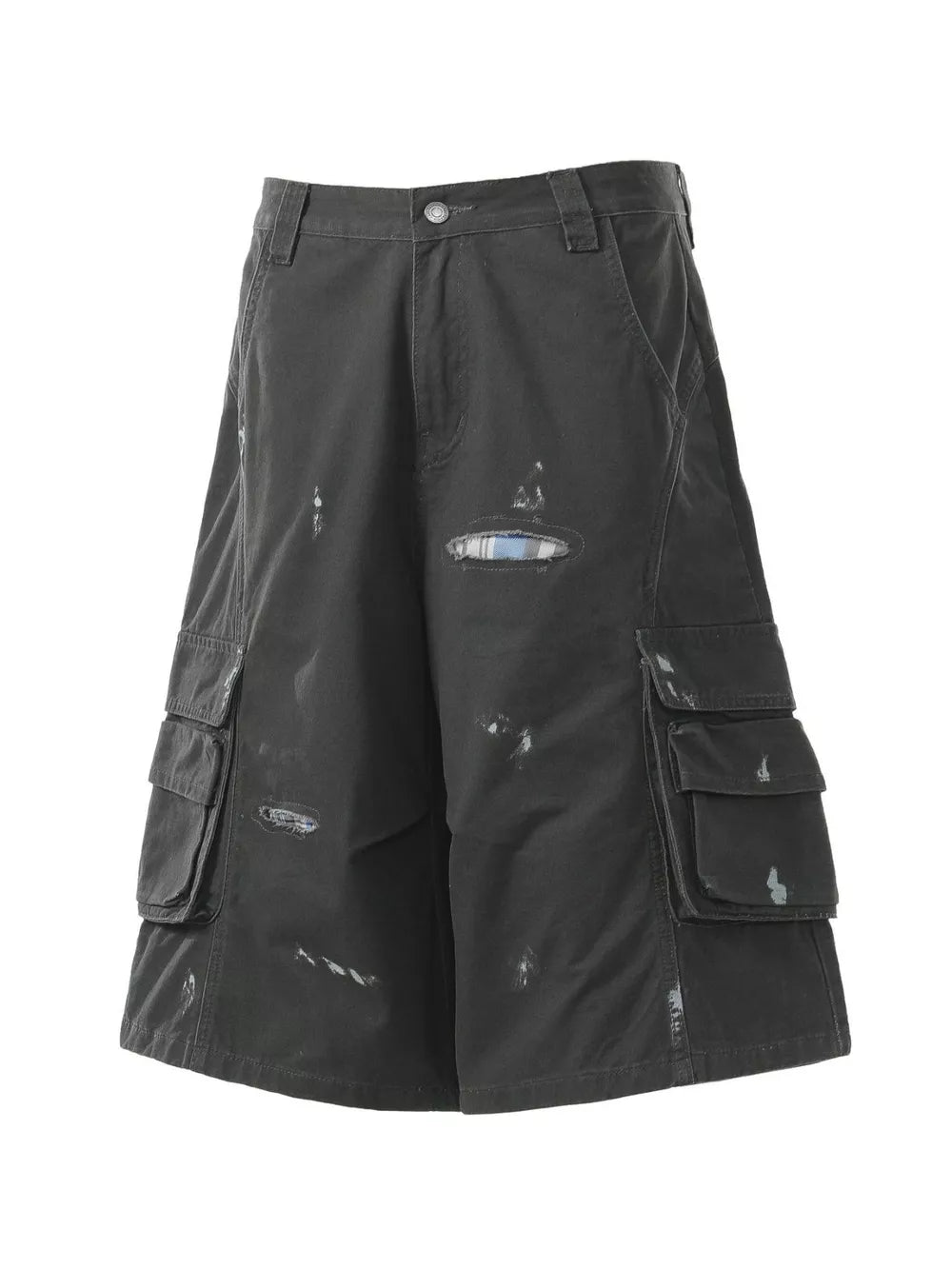 Black distressed maternity cargo capris with multiple pocket details and a plaid patch.