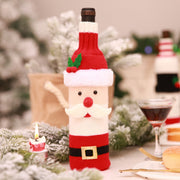 Festive knit wine bottle holder in red and white Santa Claus cosplay style with black belt detail.