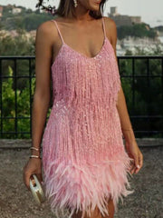 Pink sequin fringe mini dress with feather trim and spaghetti straps.