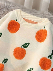 Cream acrylic sweater with orange fruit pattern and crew neck.