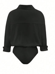 Black collared long sleeve bodysuit with button cuffs