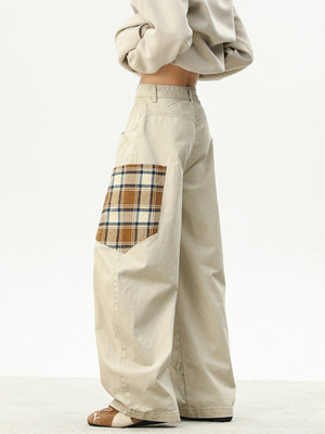 Men's beige wide leg trousers with plaid pocket detail