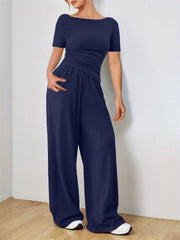 Dark Navy boat neck jersey co-ord set with wide leg pants and ruched waist detail