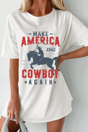 White graphic tee dress with cowboy and Americana print.