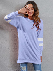 Varsity stripe raglan sweatshirt dress in blue purple with white sleeve stripes, 100% polyester.