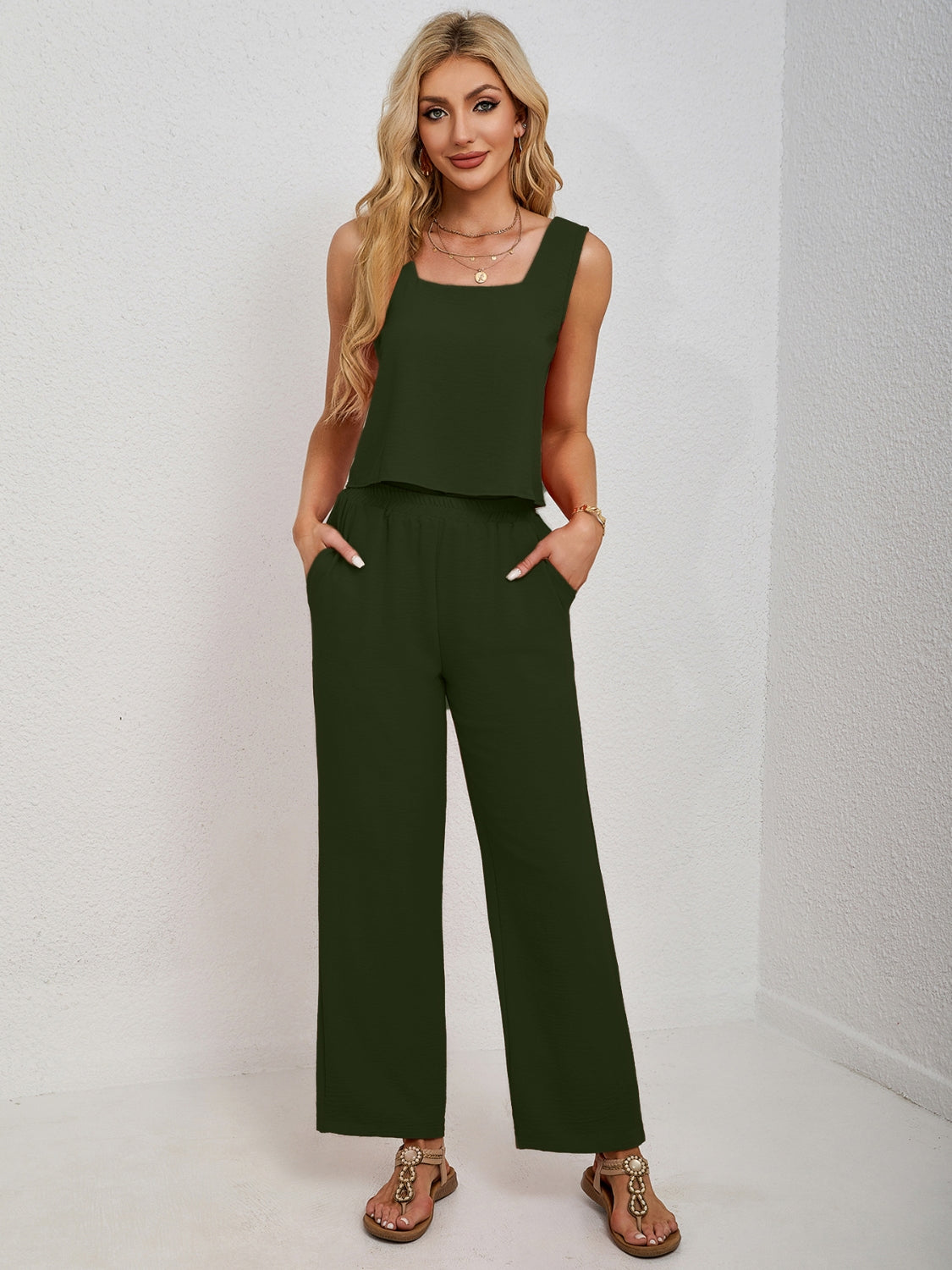 Black Forest cropped tank and palazzo pant set with square neckline and pockets.