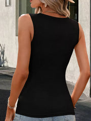 Black sleeveless tank top with decorative buttons and a surplice neckline.