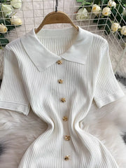 White ribbed knit midi dress with collar and gold button detail