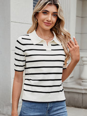 Nautical stripe knit polo top in black and white with short sleeves and a collared neckline.