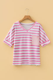 Striped v-neck t-shirt in blush pink with a chest pocket and short sleeves.