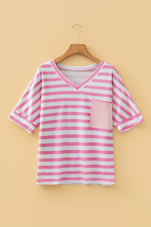 Striped v-neck t-shirt in blush pink with a chest pocket and short sleeves.