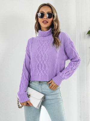 Lilac cable knit cropped turtleneck pullover sweater with textured sleeves.