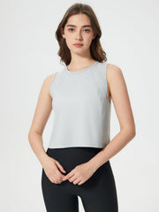 Light Gray cropped active tank with mesh inset back detail and crew neck.