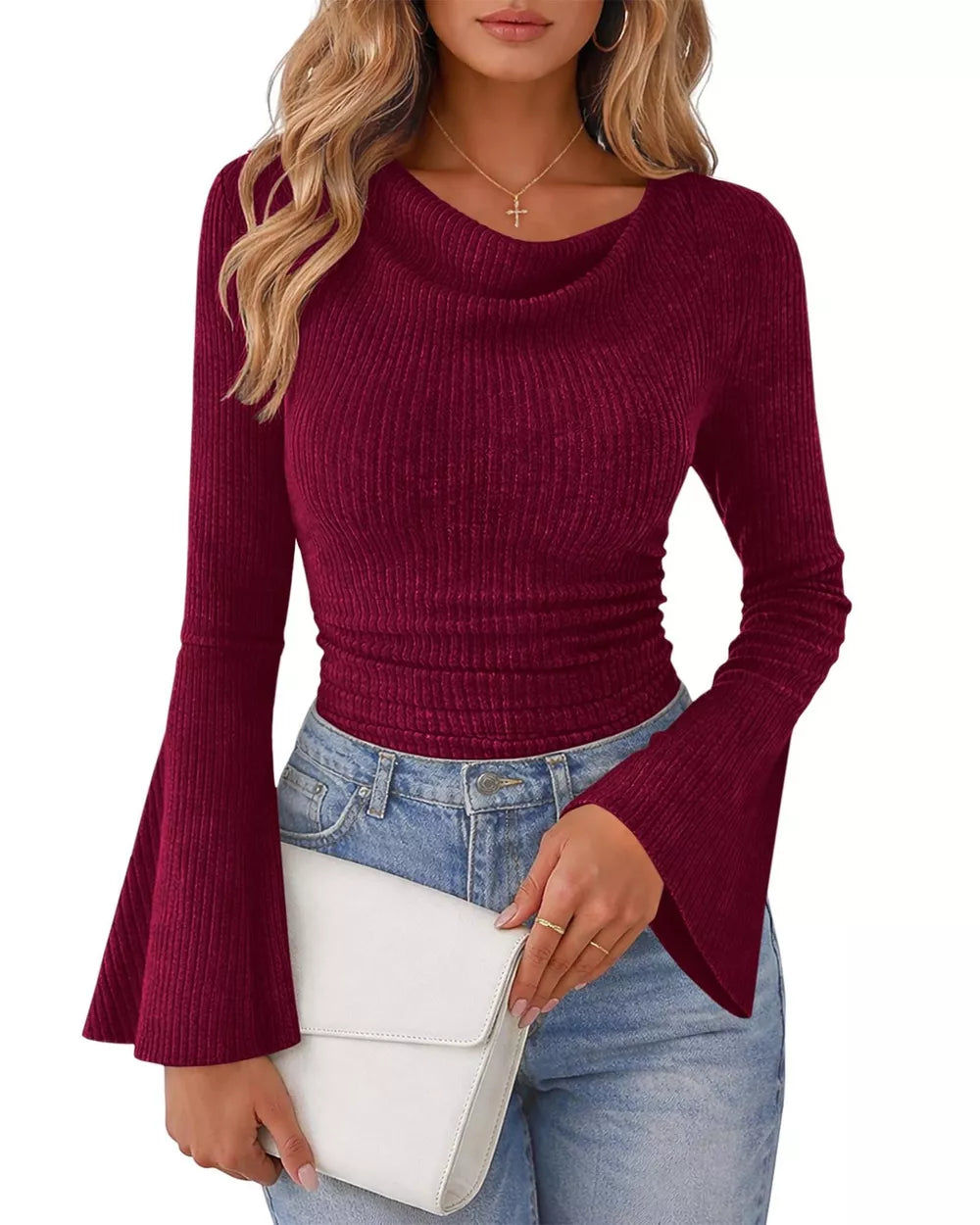 Ribbed Bell Sleeve T-shirt in Moss, fit detail