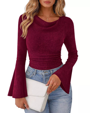 Ribbed Bell Sleeve T-shirt in Moss, fit detail