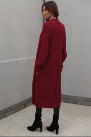 Textured knit maxi cardigan in wine with pockets and a shawl collar.