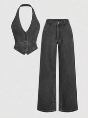 Halter Neck Denim Vest And Wide-leg Jeans Set, product detail