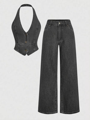 Halter Neck Denim Vest And Wide-leg Jeans Set, product detail