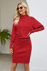 Red ribbed knit turtleneck midi dress with long sleeves and a fitted skirt.