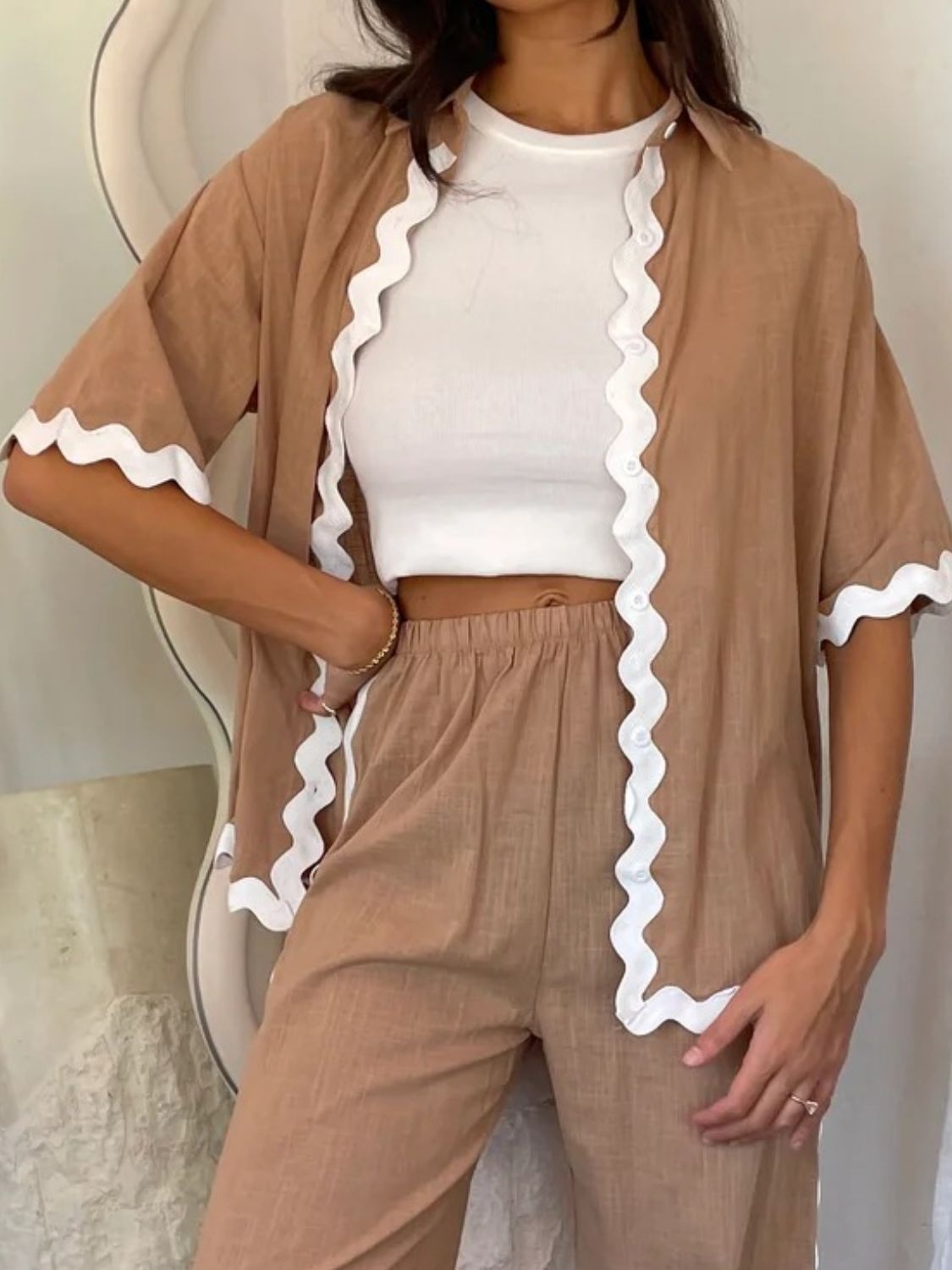 Camel outfit set with scalloped trim, half-sleeve top and pants
