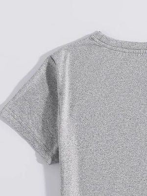 Gray heather t-shirt with short sleeves and crew neck, showing fabric texture.
