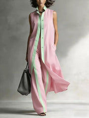 Sleeveless Longline Vest And Wide-leg Pants Set in Pink, back view
