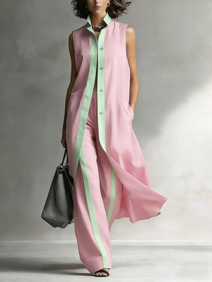Sleeveless Longline Vest And Wide-leg Pants Set in Pink, back view