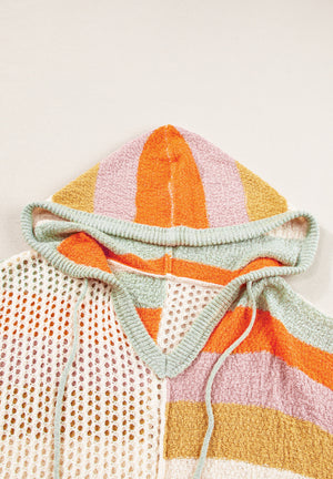 Colorblock knit hoodie with crochet detail and drawstring hood.