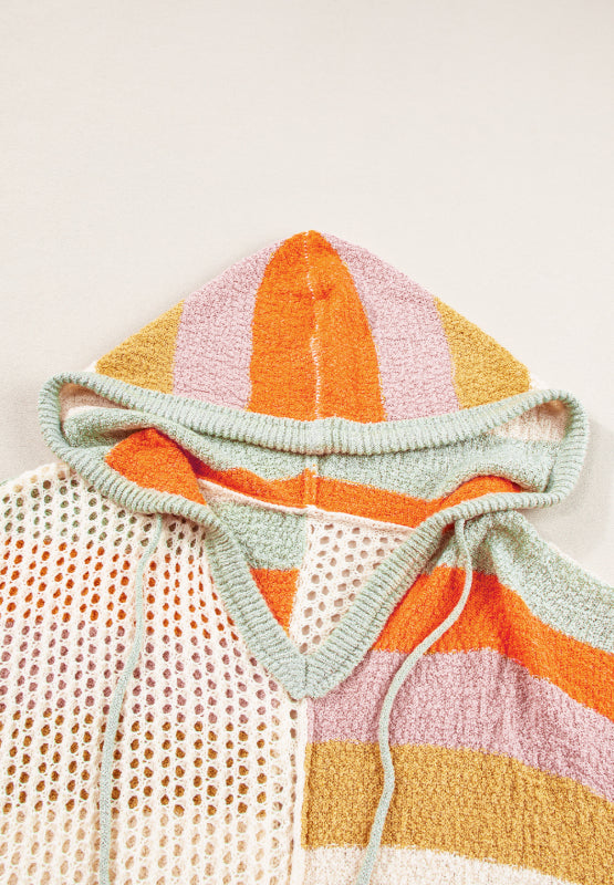 Colorblock knit hoodie with crochet detail and drawstring hood.