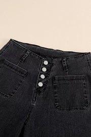 Black denim wide-leg jeans with button-fly and patch pockets.