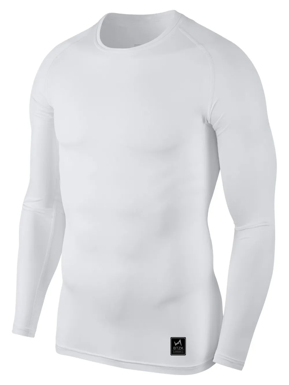 White long sleeve performance tee with crew neck and logo detail