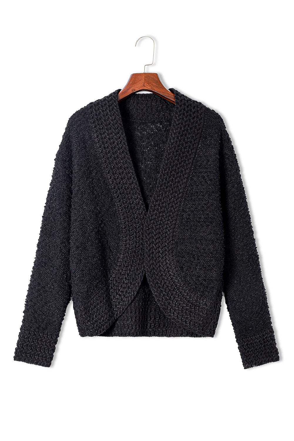 Black textured bouclé open-front jacket with a V-neck and long sleeves.